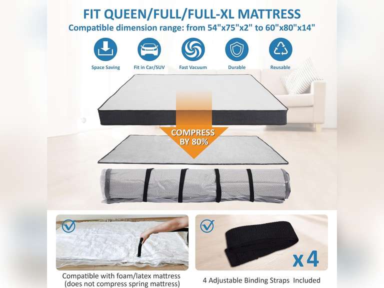 Queen/Full/Full-XL Foam Mattress Vacuum Bag for Moving, Vacuum Seal Mattress Bag with Straps 24