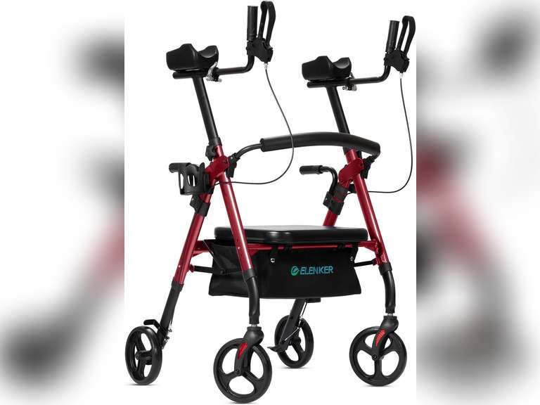ELENKER Heavy Duty Upright Rollator Walker with Extra Wide Padded Seat and Backrest, Bariatric Stand Up Rolling Walker, Fully Adjustment Frame for Seniors, Red 180