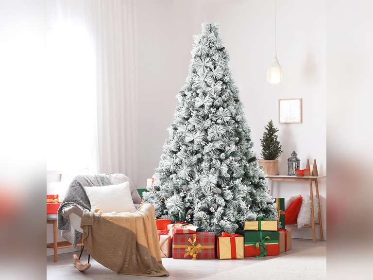 7ft Snow Flocked Christmas Tree, Artificial White Christmas Tree with 1014 Snow Branch Tips, Red Berries, Pine Cones, Hinged Xmas Tree w/Metal Stand, for Holiday Festival Decoration 257
