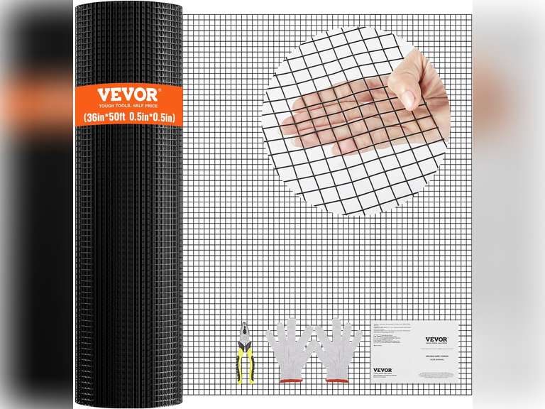 VEVOR Hardware Cloth, 36' x 50' Galvanized Wire Mesh Roll, 19 Gauge Chicken Wire Fence Roll, Vinyl Coating Metal Wire Mesh for Chicken Coop Barrier, Rabbit Snake Fences, Poultry Enclosures 50