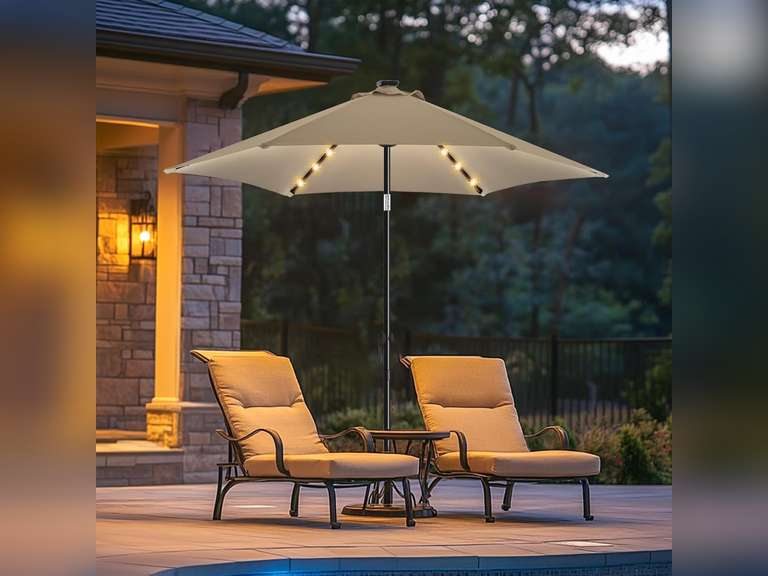 wikiwiki 7.5ft Solar Led Patio Umbrella, Sturdy Outdoor Market Umbrella for Deck, Pool, Garden w/Tilt, Crank, 32 LED Lights, Tan 189