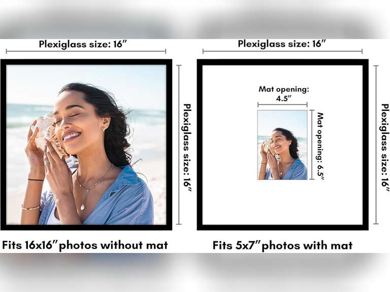 Americanflat 16x16 Picture Frame with Polished Plexiglass - Use as 5x7 Frame with Mat or 16x16 Frame Without Mat - Streamline Collection - Thin Picture Frame for Wall Display - Black 20
