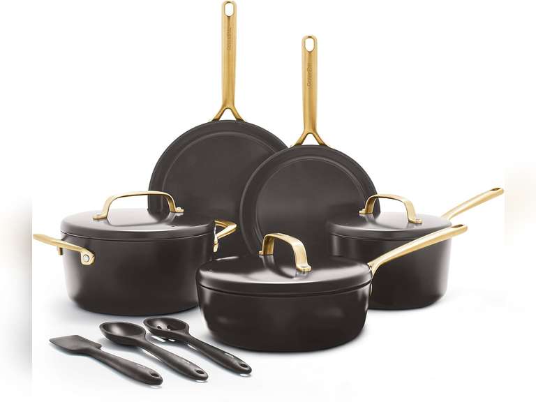 GreenPan GP5 14 Piece Cookware Pots and Pans Set, Hard Anodized Ceramic Nonstick PFAS-Free, Induction Suitable, Scratch Resistant, Gold-Tone Handles, Stay-Flat Surface, Dishwasher and Oven Safe, Black 700
