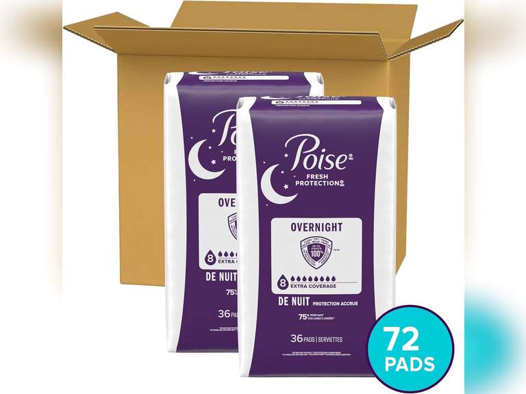 Poise Overnight Incontinence & Postpartum Pads for Bladder Leaks, 8 Drop Extra Coverage, 72 Count (2 Packs of 36), Packaging May Vary 39