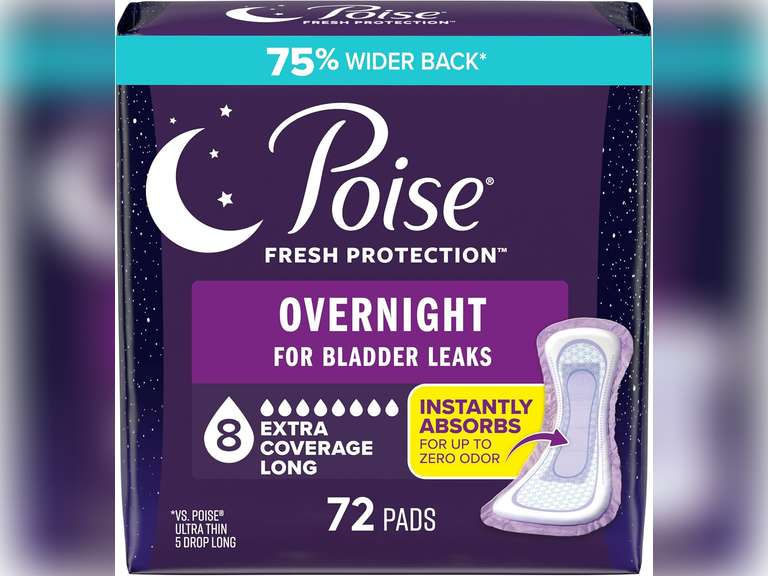 Poise Overnight Incontinence & Postpartum Pads for Bladder Leaks, 8 Drop Extra Coverage, 72 Count (2 Packs of 36), Packaging May Vary 39