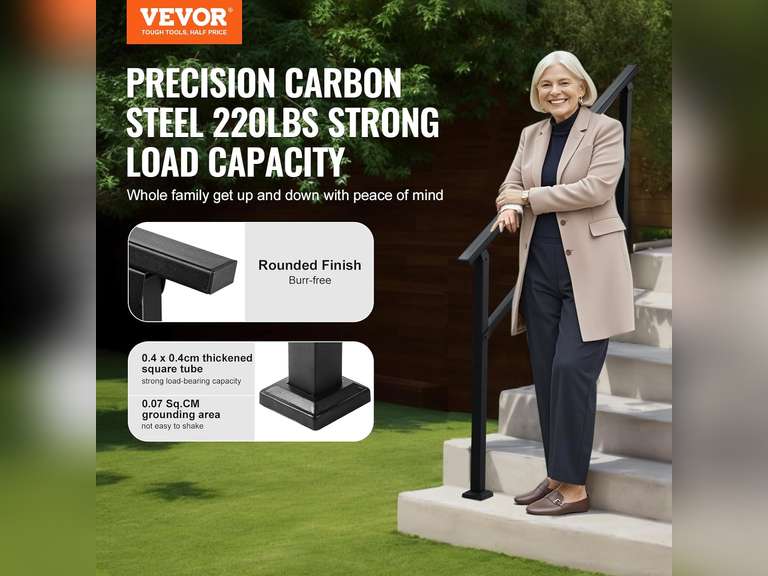 VEVOR Outdoor Handrails for Steps, 4-5 Step Stair Rail Kit, Black Square Tube with Horizontal Bar, Carbon Steel Support Rails for Seniors, Concrete & Deck Stairs, Easy Installation 64