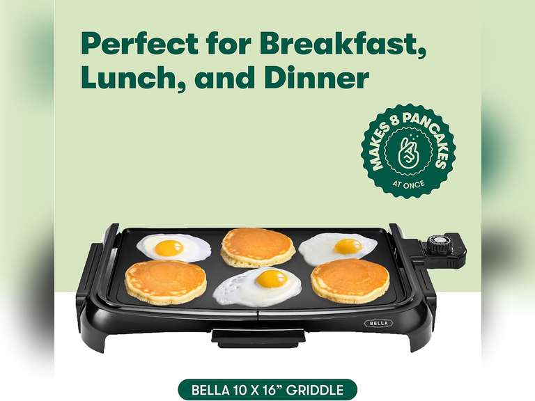 BELLA 10" x 16" Griddle Non-Stick, Adjustable Control Knob with 7 Settings, Dishwater Safe, PFOA Free, Black 23
