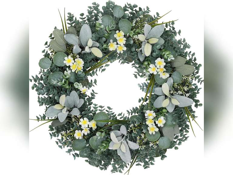 24 Inch Eucalyptus Wreath,Artificial Wreaths for Front Door, Year Round Greenery Wreath with Eucalyptus Boxwood Leaf Little Daisy Lambs Ear for Home,Outside Spring/Summer,All Seasons-Indoor/Outdoor 53