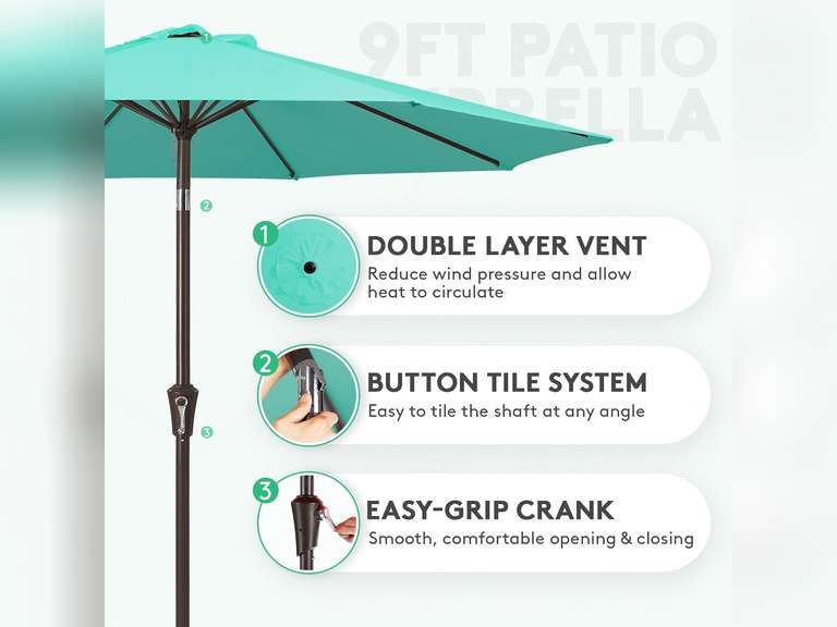 JEAREY 9ft Outdoor Patio Umbrella with Push Button Tilting and Crank Handle Market Umbrella 8 Sturdy Ribs UV Protection Waterproof Garden Deck Backyard Pool (Teal) 40