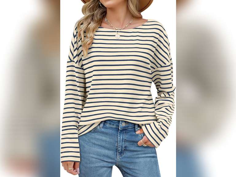 (Similar model) see pictures OFEEFAN Womens Long Sleeve Tops 2024 Striped Shirt Women Drop Shoulder Boat Neck Tops Loose Fit Casual Shirts size S 8