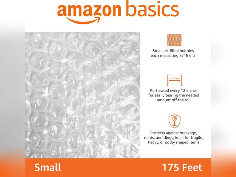 Amazon Basics Perforated Bubble Cushioning Shipping Wrap, Small 3/16", 12-Inch x 175 Foot Long Roll, Clear 23