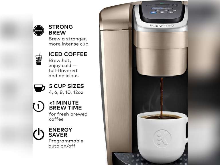 Keurig K-Elite Single Serve K-Cup Pod Coffee Maker, with Strength and Temperature Control, Iced Coffee Capability, 8 to 12oz Brew Size, Programmable, Brushed Gold 145