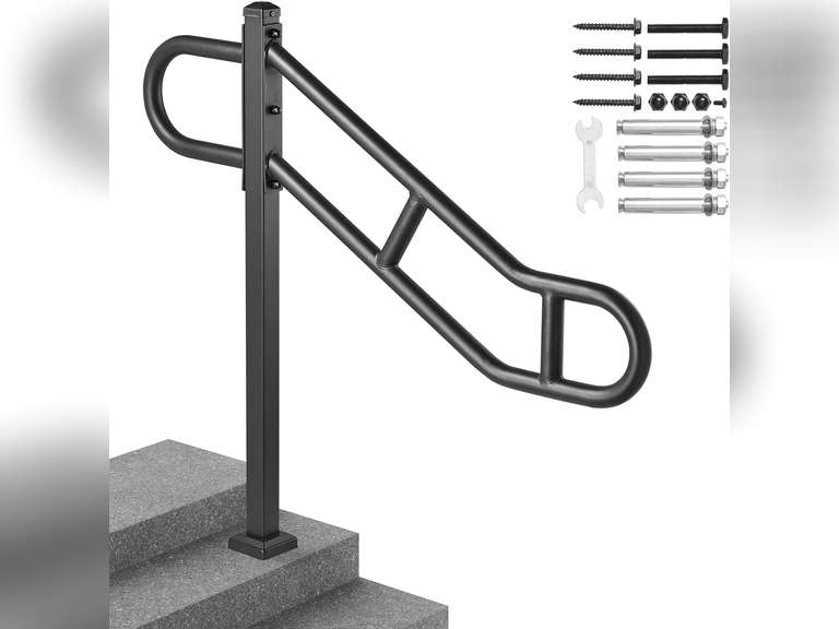 VEVOR Single Post Handrail for Outdoor 1-3 Steps, 40.5"L x 35.4"H, Dia 1.3" Metal Bent Stair Handrails, Floor Mounted Carbon Steel Stair Railing, U-Shaped Post Grab Rails with 2 Anti-Skid Crossbar 56