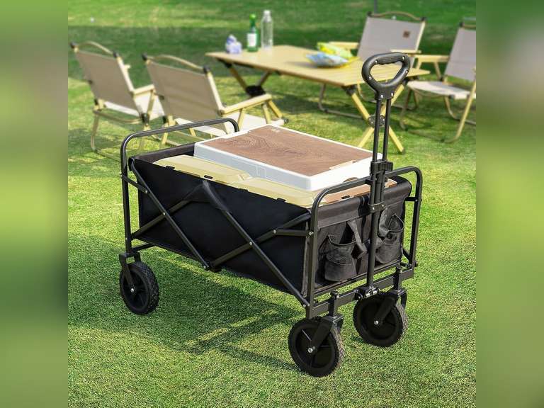 Sweetcrispy Collapsible Foldable Wagon Cart, Large Capacity Garden Cart with Wheels, Heavy Duty Utility Grocery Wagon with Drink Holders for Shopping Sports Camping, Large Black 107