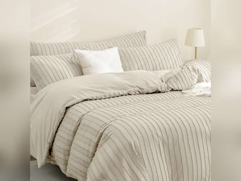 JELLYMONI Duvet Cover Queen Size Light Khaki - 3PCS Boho Striped Duvet Cover Set Polyester Tufted Bohemian Textured Comforter Cover 90 90in with Corner Ties & Zipper and 2 Pillowcases 42