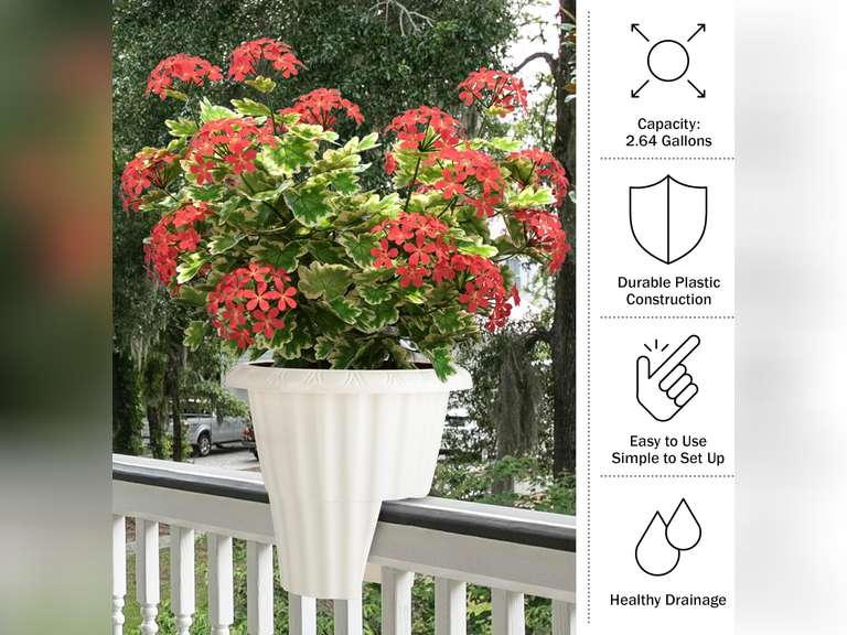 Pure Garden Railing Planter - 13.5-Inch Round Flower Box with Drainage Insert - 2.64-Gallon Outdoor Planter Box for Deck, Porch, or Balcony (White) 54