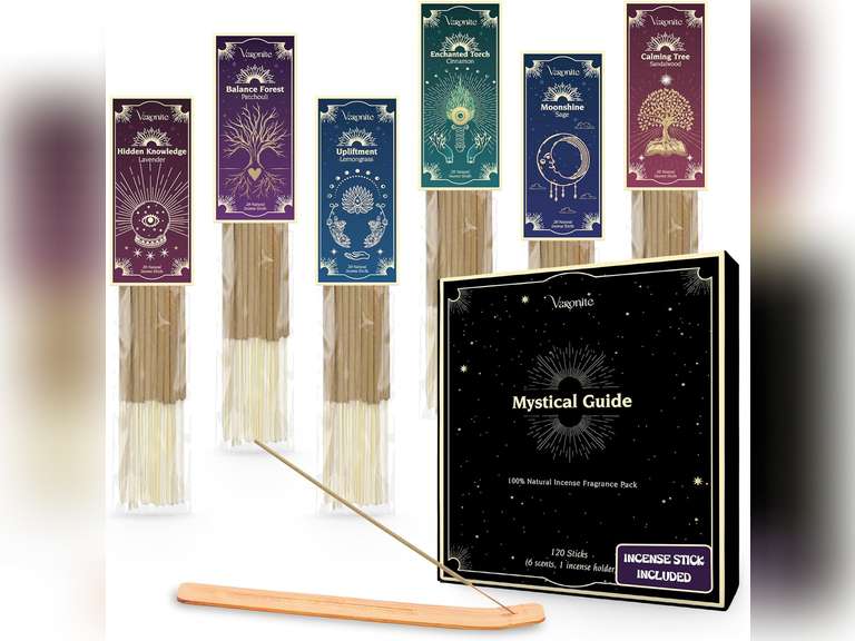 Mystical Guide Incense Sticks Variety Pack of 6 (120 Insence-sticks) with Holder: Patchouli, Lavender, Sandalwood, Cinnamon, Lemongrass, Sage Inscents-sticks, Organic Incense Sticks Non toxic 19