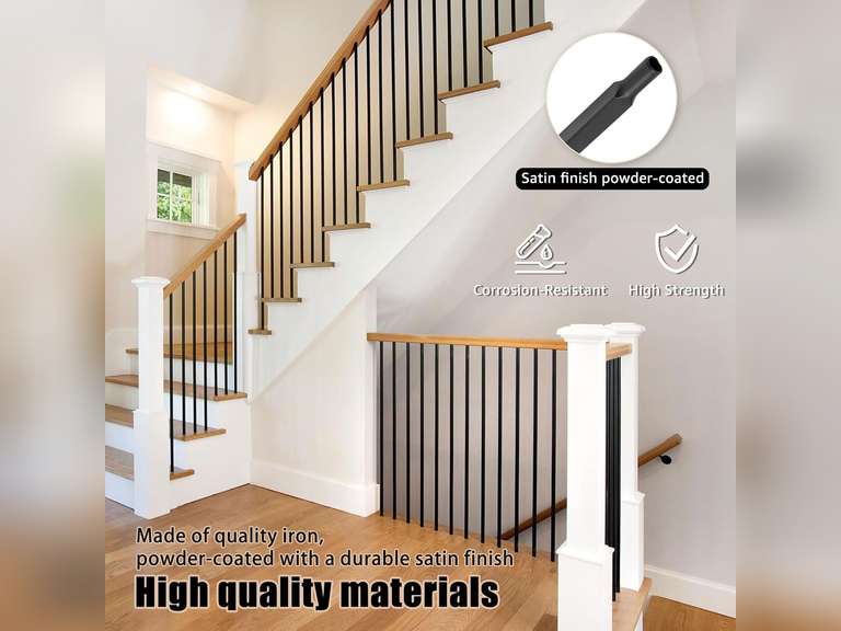 15 Pcs Iron Balusters for Staircase, 1/2" x 44" Wrought Iron Baluster, Square Metal Balusters Hollow Straight Iron Spindles for Stairs Satin Black Deck Railing 57