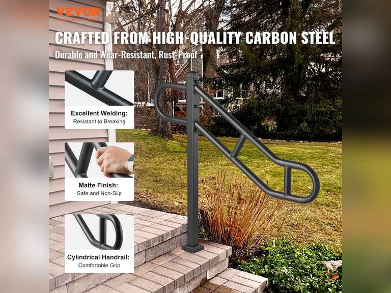 VEVOR Single Post Handrail for Outdoor 1-3 Steps, 40.5"L x 35.4"H, Dia 1.3" Metal Bent Stair Handrails, Floor Mounted Carbon Steel Stair Railing, U-Shaped Post Grab Rails with 2 Anti-Skid Crossbar 56