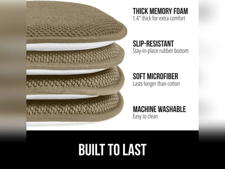 GORILLA GRIP Slip Resistant Chair Cushions, No Ties Required, Memory Foam Pads for Dining Room, Kitchen Table, Office, Rocking Chairs, Plush Seat Cover Cushion Pad, Home Decor, Set of 2 16x16, Beige 38