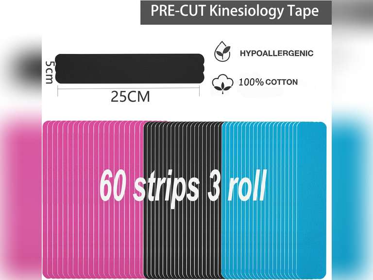 Kinesiology Tape Pro Athletic Sports (3 Rolls,60 Precut Strips) Waterproof Breathable Latex Free Tape for Ankle Wrists Knees Elastic Running Tennis Swimming Football Sports Activities Tapes (Mix) 16