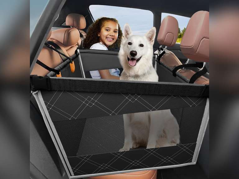 Back Seat Extender for Medium Dogs Upgraded Hard Bottom Car Seat Cover for Dogs Durable, Waterproof, Scratch-Resistant, Safe, Easy to Use with Mesh Window & Storage Pocket for Car, SUV, Truck 140