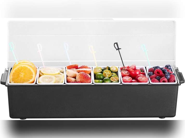 VEVOR Chilled Condiment Server, 6 Compartment Ice Cooled Condiment Serving Container, Chilled Garnish Tray Bar Caddy with Lid, for Bartending & Serving Taco, Salad, Fruit, Home & Restaurant Supplies 26