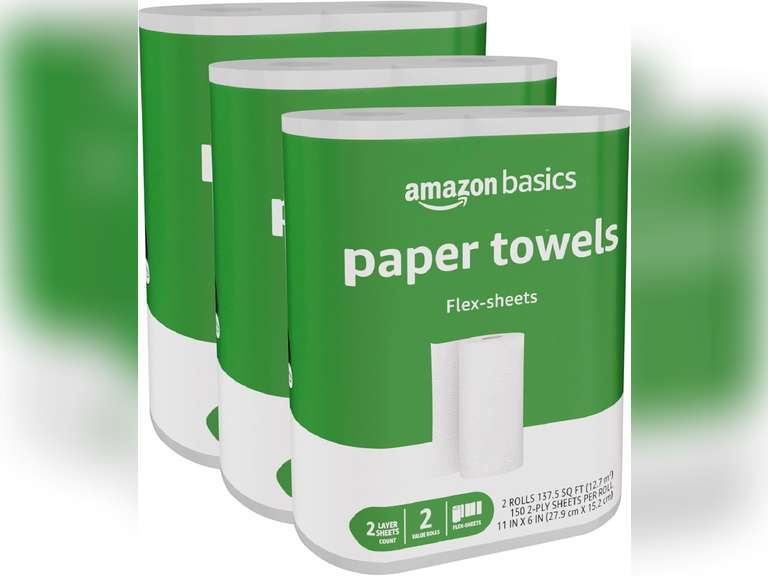 Amazon Basics 2-Ply Flex-Sheets Paper Towels, 6 Basics Rolls = 20 Regular Rolls, Everyday Value with 150 Sheets per Roll, Packaging May Vary 14