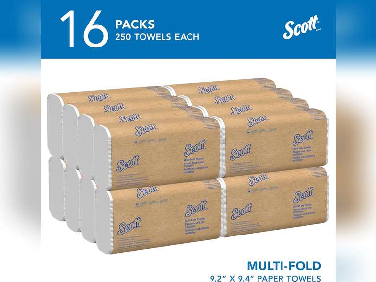 Scott Professional Universal Multifold Paper Towels, Bulk (01840), Absorbency Pockets, White, 9.2'x9.4' Towel, Compressed, Compact (250 Sheets/Pack, 16 Packs/Case, 4,000 Sheet Total) 36