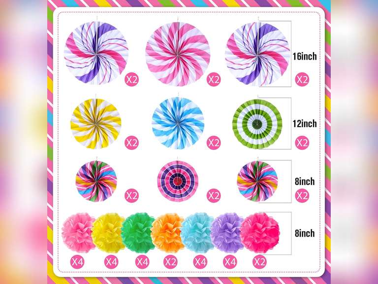 Outus 21 Pcs Party Decorations Hanging Paper Fans Candy Classroom Decorations Lollipop Tissue Pom Poms for Garland Ceilings Candyland Theme Birthday Party Supplies (Pom Poms) 14