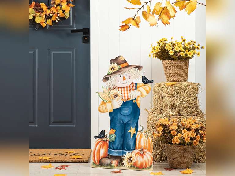Glitzhome GH31362R1 Fall Welcome Wooden Scarecrow Hanging Wall Decor Porch Sign, Orange 32
