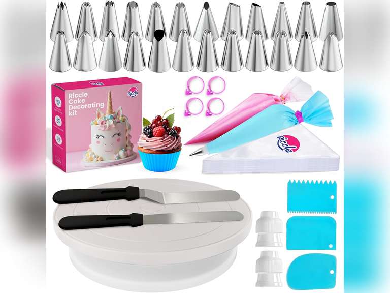 Riccle 94 pcs Cake Decorating Kit with Cake Turntable - Includes 50pcs 16 Inch Disposable + 2 Reusable Piping Bags and Tips Set, 24 Icing Piping Tips, 2 Spatulas, 3 Icing Comb Scraper, 6 Cake Liners 16