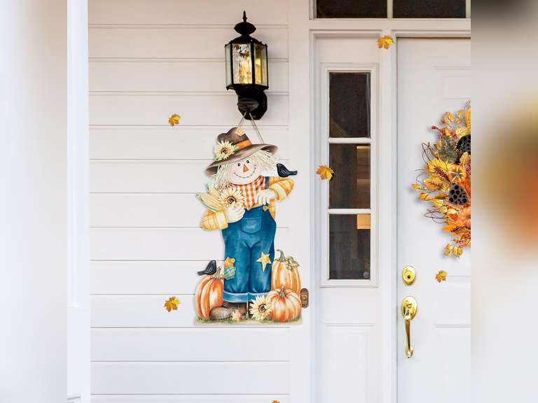 Glitzhome GH31362R1 Fall Welcome Wooden Scarecrow Hanging Wall Decor Porch Sign, Orange 32