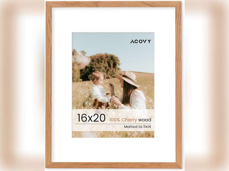 16x20 Picture Frame, Solid Wood Cherry Wood 16 x 20 Frame, 16'x20 Poster Frame - HD Tempered Glass, 16x20 Frame Matted to 11x14, 16 by 20 Wood Frame for Wall (Natural Cherry Color, 1 Pack) 32