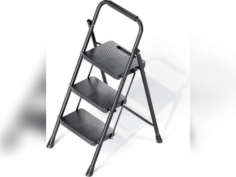 KINGRACK Folding 3 Step Ladder, Portable Ladder for Multi-Purpose, Home, Kitchen, Heavy Sturdy Steel Step Stool with Anti-Slip Wide Pedals, Handrail, Safe-Lock Design, Pass 800lbs Load Testing, Black 46