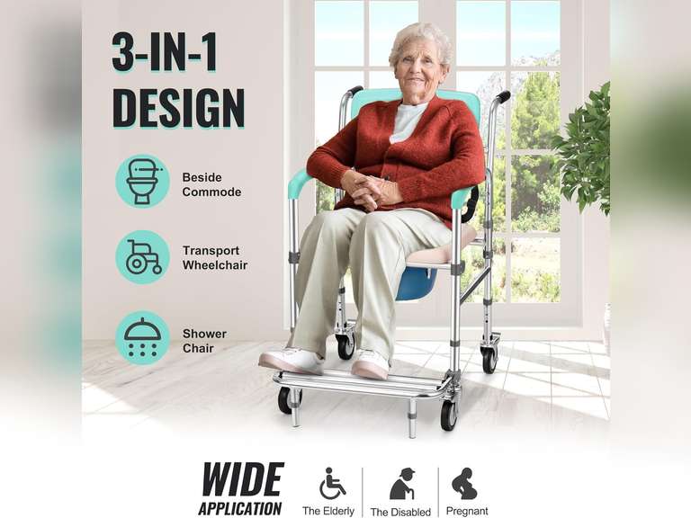 Decofy Shower Chair with Wheels, Commode Chair 3 in 1 Shower Wheelchair with Removable Bucket, Padded Seat, Toilet Brush, Waterproof Rolling Shower Chair for Elderly and Disabled Holds Up to 300 lbs 96