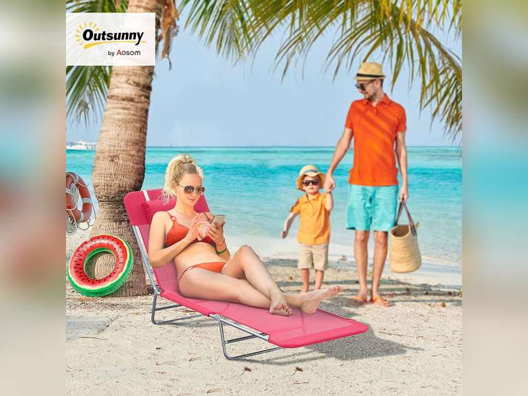 Outsunny Folding Chaise Lounge Chair, Pool Sun Tanning Chair, Outdoor Lounge Chair with Reclining Back, Breathable Mesh Seat, Headrest for Beach, Yard, Patio, Pink 58