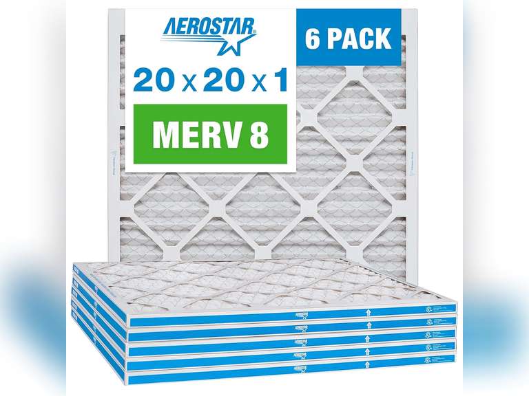 Aerostar 20x20x1 MERV 8 - 6 Count - High Efficiency Pleated HVAC, Furnace & Air Conditioner Filters - Removes Dust, Lint, Mold & Allergy-Causing Pollen 36