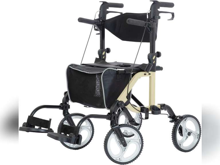 ELENKER 2 in 1 Rollator Walker & Transport Chair, Folding Wheelchair with 10 Non-Slip Wheels for Seniors, Reversible Backrest & Detachable Footrests, Champagne 144