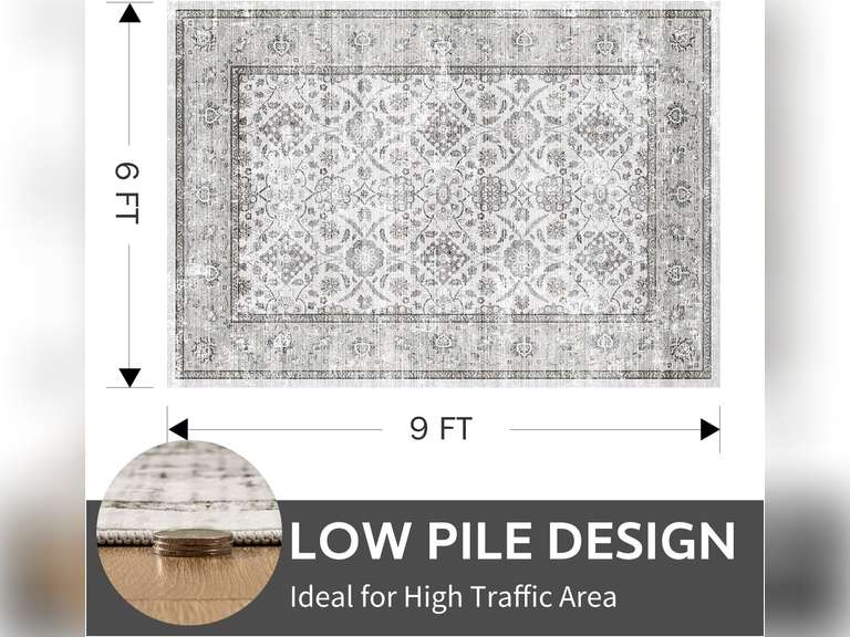 6x9 Washable Area Rug for Living Room Bedroom - Vintage Boho Carpet Large Soft Distressed Floral Floor Rug for Dinning Room Playroom Home Office Indoor Room Decor,Grey 332