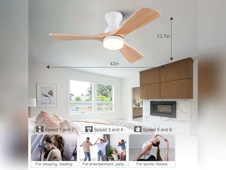 42 Inch Low Profile Ceiling Fan with Light and Remote, 3 Color Dimmable Flush Mount Ceiling Fan, 6 Speeds DC Motor, Wood Hugger Ceiling Fans with Lights, Indoor Outdoor Ceiling Fans 129