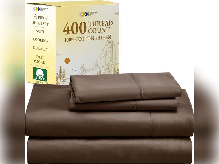 California Design Den Queen Sheet Set - Soft 400 Thread Count Sateen, Natural 100% Cotton Sheets for Queen Size Bed with Deep Pockets, Cooling and Durable Bedding Set - Warm Chocolate Brown 50