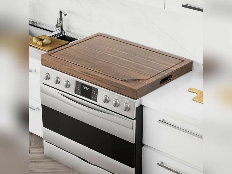 BLUEWEST Noodle Board Stove Cover with Handles, 3 in 1 Wood Stove Top Covers Board for Gas Burners and Electric Stove, Wooden RV Stovetop Cover, Tray for Kitchen Counter Space with Juice Grooves 170