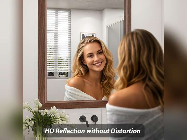 SMIROR 20 x 24 Inch Rustic Bathroom Mirror for Over Sink, Brown Walnut Metal Framed Farmhouse Rectangle Vanity Mirrors for Wall, Wooden Grain, Thick Frame, (Horizontally/Vertically) 60