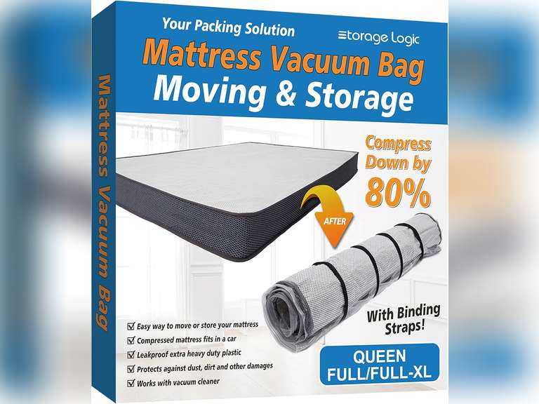 Queen/Full/Full-XL Foam Mattress Vacuum Bag for Moving, Vacuum Seal Mattress Bag with Straps 24