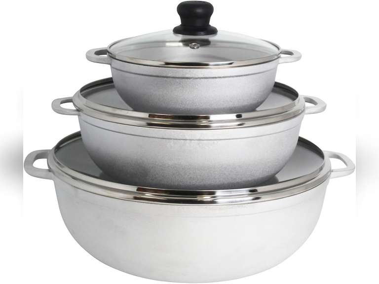 IMUSA USA Traditional Colombian Natural Caldero Glass Lid & Steam Vent 3-Piece (1.4/3.4/6.6) Quart, Silver (Dutch Oven Set) 30