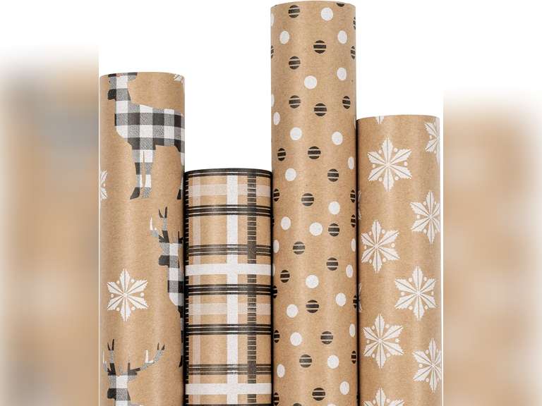 RUSPEPA Christmas Wrapping Paper, Kraft Paper - Deer, Snowflake and Plaid Style Designs - 4 Rolls - 30 inches x 10 feet per Roll 20