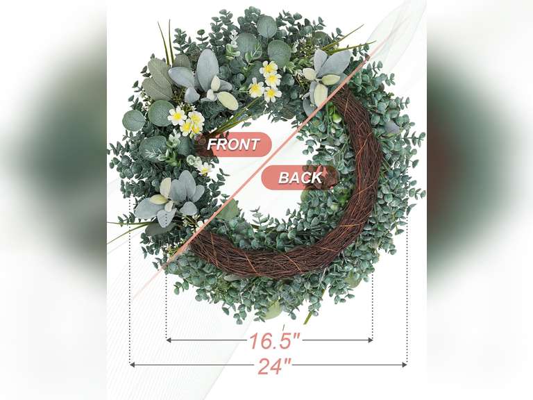 24 Inch Eucalyptus Wreath,Artificial Wreaths for Front Door, Year Round Greenery Wreath with Eucalyptus Boxwood Leaf Little Daisy Lambs Ear for Home,Outside Spring/Summer,All Seasons-Indoor/Outdoor 53