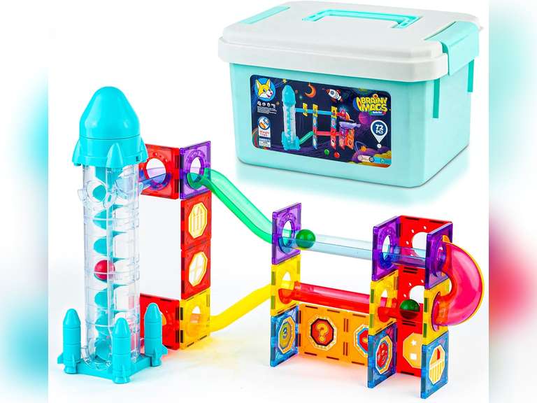 Play Brainy Magnetic Marble Run for Kids Ages 3 & Up - 72-Piece Magnetic Tiles with Rocket Elevator, Space-Themed Magnet Toys for Boys & Girls - STEM Educational Toys Set with Stickers & Storage Case 40