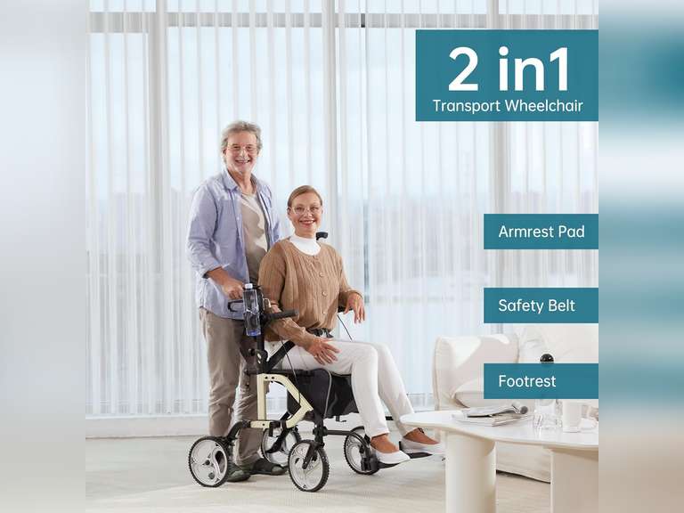 ELENKER 2 in 1 Rollator Walker & Transport Chair, Folding Wheelchair with 10 Non-Slip Wheels for Seniors, Reversible Backrest & Detachable Footrests, Champagne 144